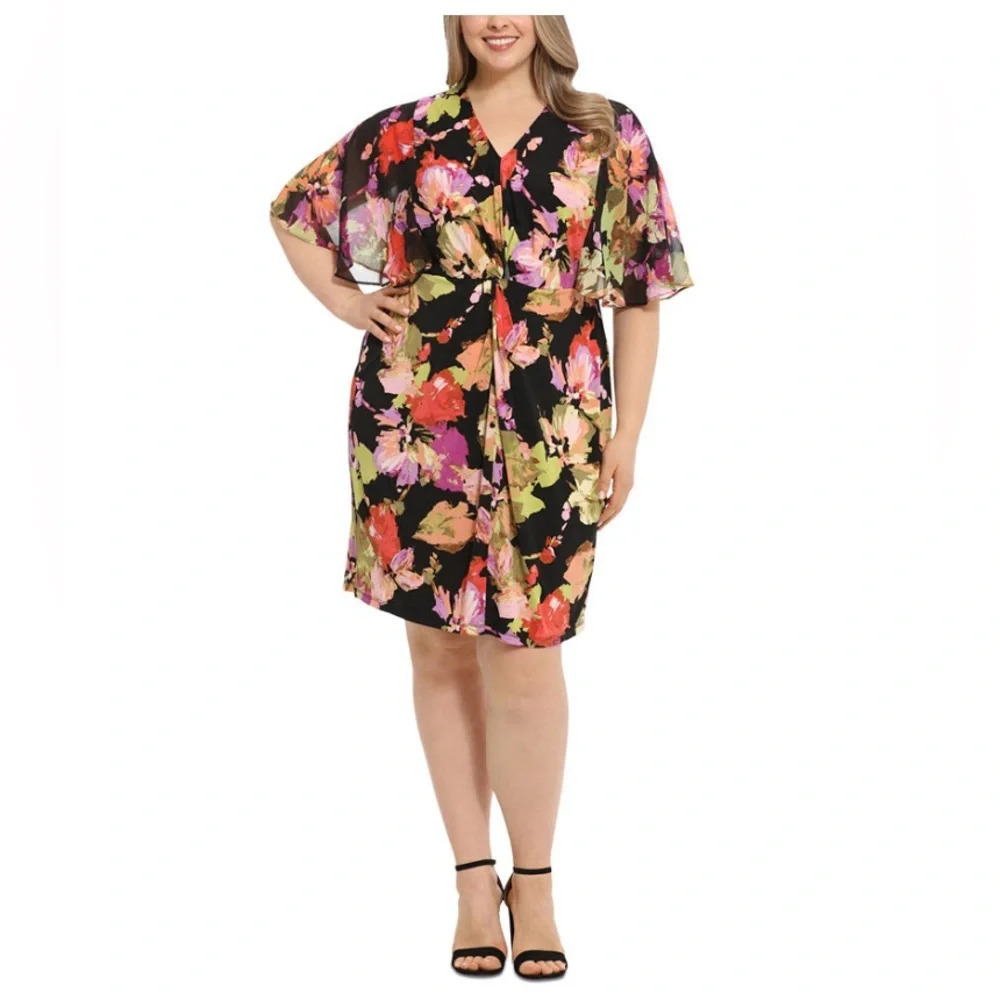 NWT Woman’s Plus Size Printed Twist-Front Capelet Abstract Floral Midi Dress 22W